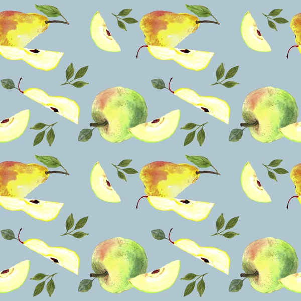 Akvarell mönster av päron och äpplen på en färgad bakgrund — Stockfoto