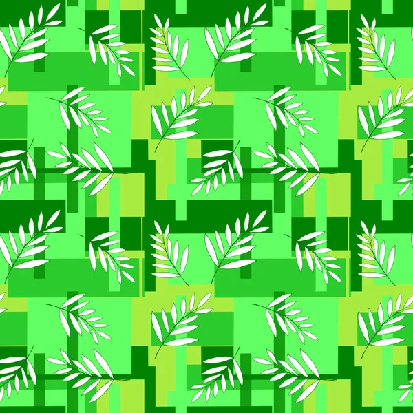 A pattern of monochrome leaves on a green background with abstract geometric shapes. — Stockfoto