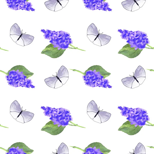 Modello Lilla Con Farfalle Sfondo Bianco Disegno Acquerello Imballaggio Arredamento — Foto Stock