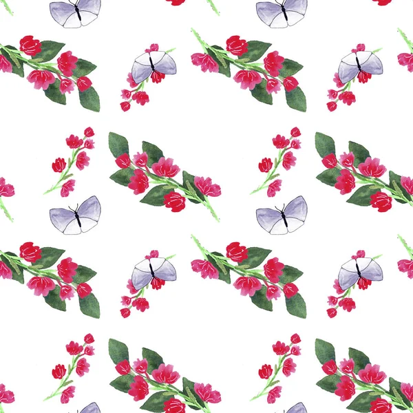 Μοτίβο Ροζ Ακουαρέλα Λουλούδια Φύλλα Λευκό Φόντο Ανοιξιάτικο Σχέδιο Λουλούδια — Φωτογραφία Αρχείου
