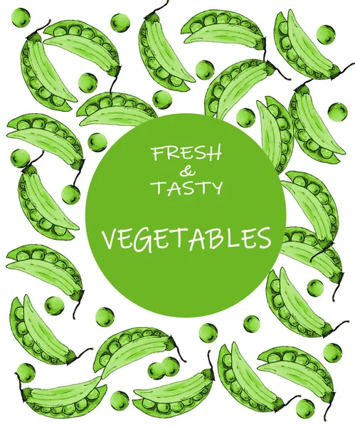 Zestaw organicznych świeżych warzyw zielonych groszków. Ręcznie rysowana grafika na białym tle z tekstem. — Zdjęcie stockowe