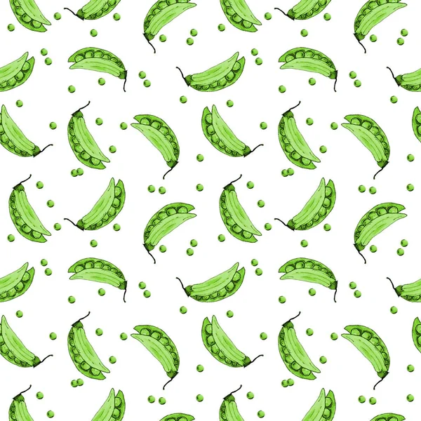 野菜のパターン-白い背景に緑のエンドウ豆。果物や野菜をアウトラインで — ストック写真