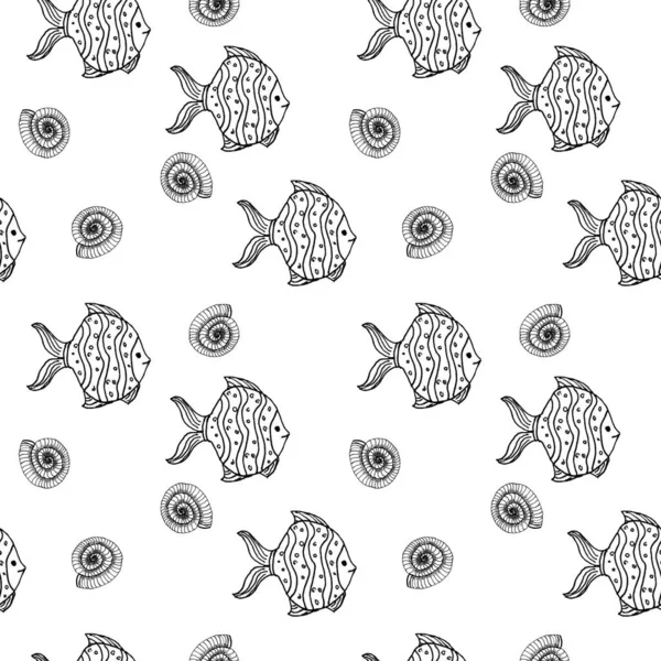 Dessin graphique avec poissons et coquillages. Un motif de mer stylisé sur fond blanc . — Photo