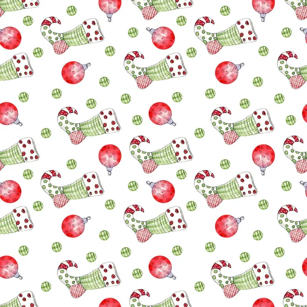 Watercolor pattern with Christmas socks, red balls on a white background.
