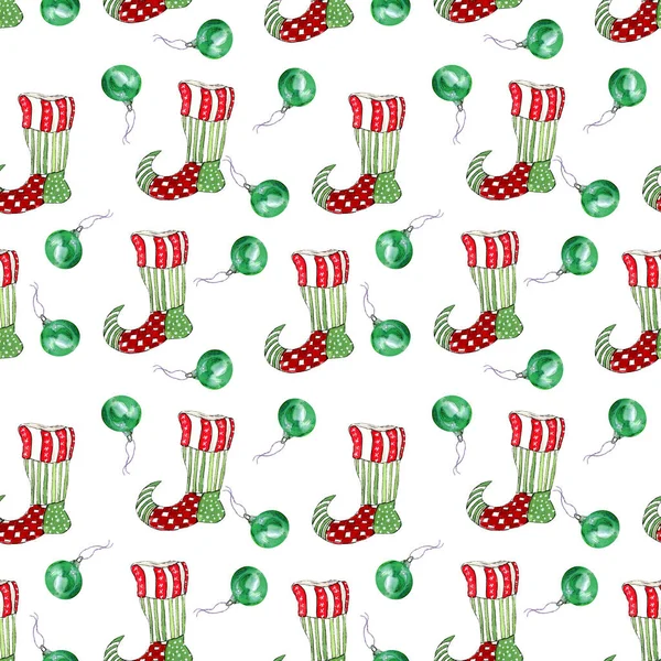 Watercolor pattern with Christmas socks and green balls on a white background.
