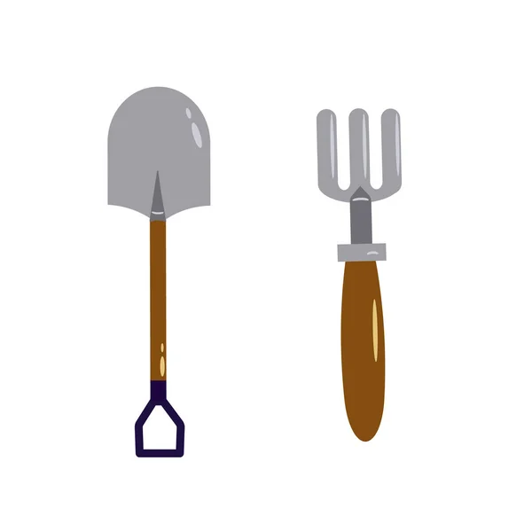 Set med trädgårdsredskap - vattenkanna, spade, kratta, handskar. Vektorillustration. — Stock vektor