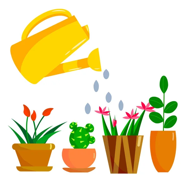 Beispiel einer Vektorillustration von Gießkannen und Blumen im Garten in Töpfen. — Stockvektor
