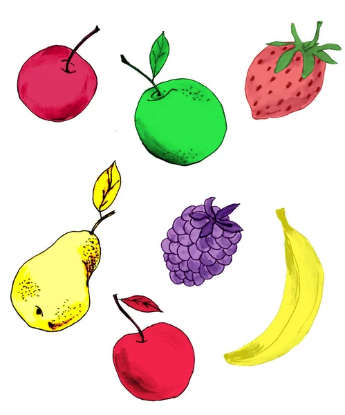 Seth med frukt och bär - körsbär, jordgubbar, äpple, päron, banan. Skissera bakgrunden. Set för logotyp design. — Stockfoto