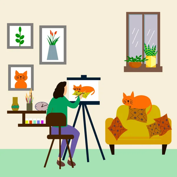 Rimani Casa Disegna Ragazza Disegna Gatto Comfort Domestico Illustrazione Vettoriale — Vettoriale Stock