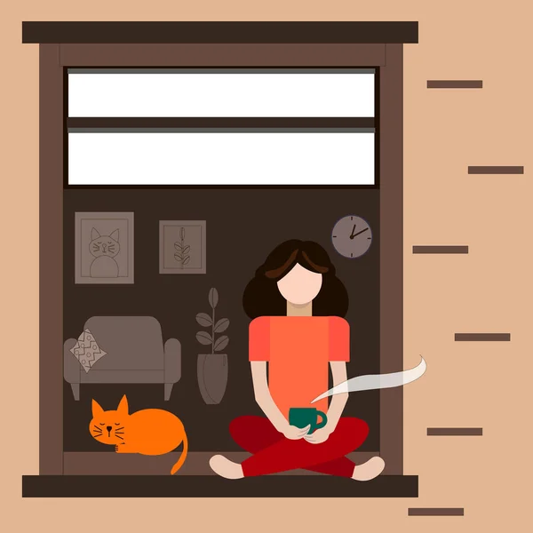 Flickan Med Katten Fönstret Stanna Hemma Och Njut Kaffet Vektorillustration — Stock vektor