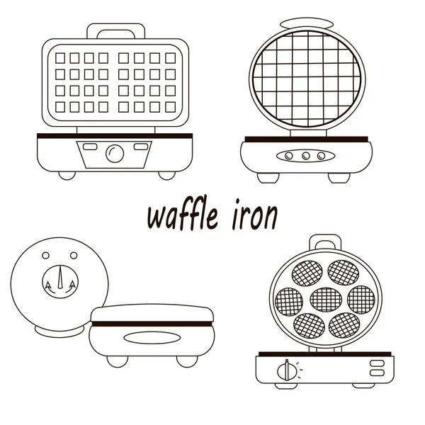 Ilustración de contorno de vectores de waffle-hierro. Un conjunto de varios artículos. Logo, icono sobre fondo blanco . — Vector de stock