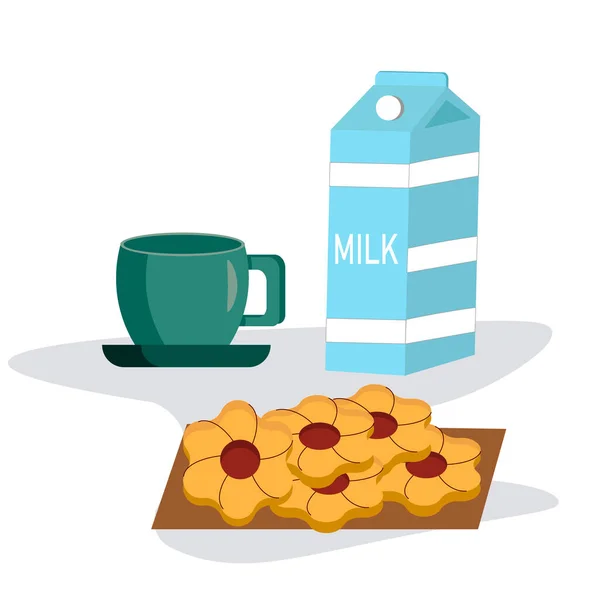 Biscotti e una tazza con un pacchetto di latte. Illustrazione vettoriale . — Vettoriale Stock