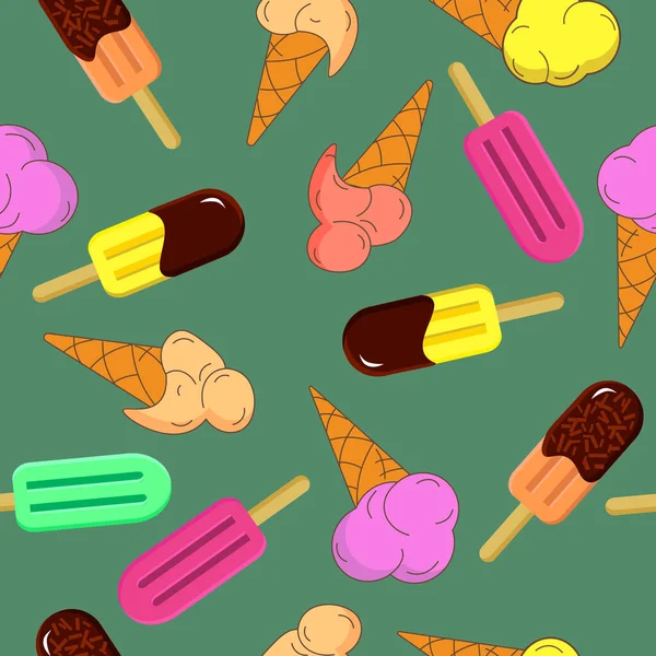 明るいアイスクリームのパターン。濃い緑色の背景のベクトル図. — ストックベクタ