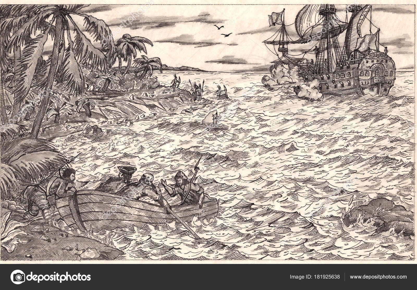 Crayon Dessin Pirates Navire île Aborigènes Texture