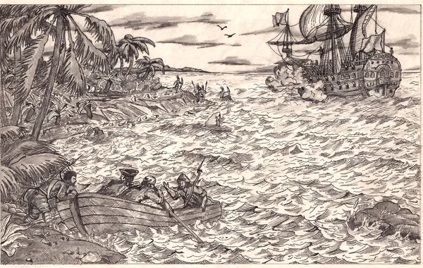 Tužka Kreslení Piráti Loď Ostrov Domorodci Kontrast Textury Znázorněno Oděsa Stock Obrázky