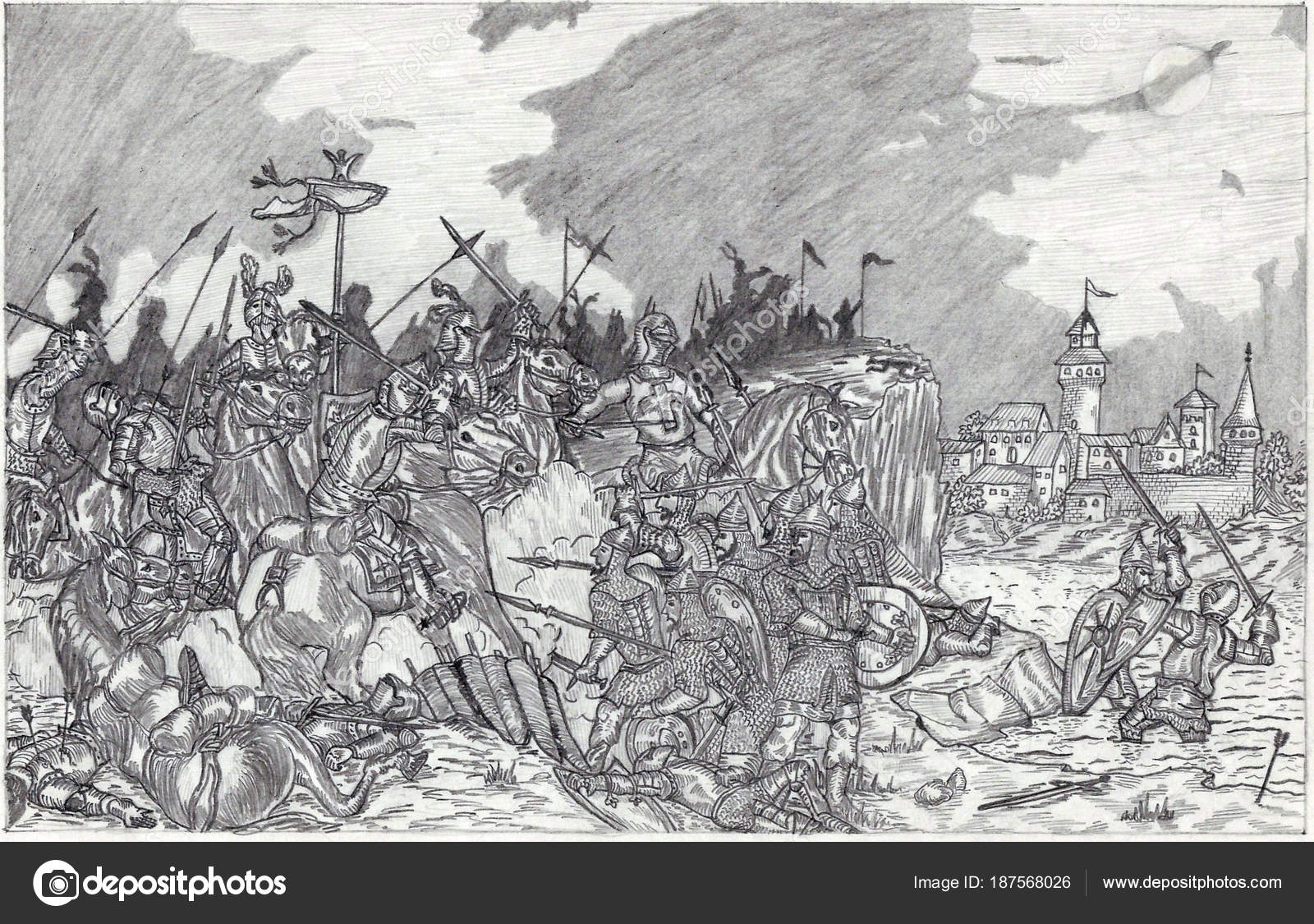 Ołówkiem Rysunek Bitwy Rycerskie średniowieczu Zilustrowane