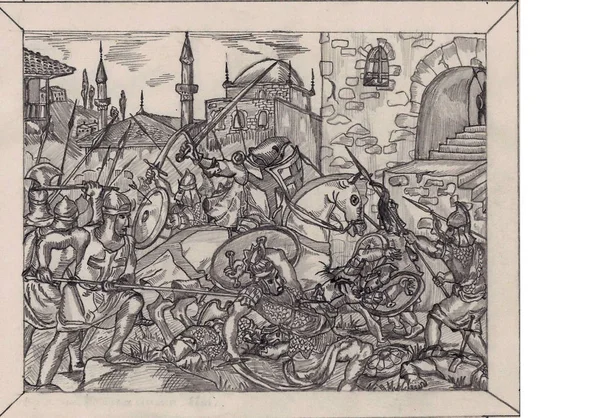 Σχεδίασης Των Atack Στο Φρούριο Και Μάχη Των Σταυροφόρων Ιπποτών — Φωτογραφία Αρχείου