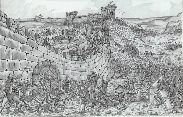 drawing of atack on the castle and battle of the Knights in the Middle Ages / illustrated in Odessa, Ukraine, december 2017