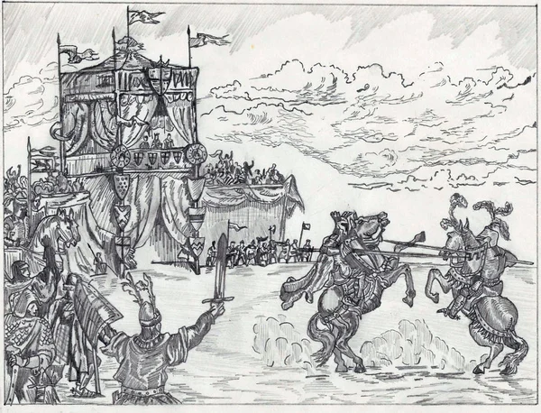 骑士比赛在中世纪 骑士的战斗在竞技场或被说明在傲德萨 乌克兰 2017年12月 免版税图库照片