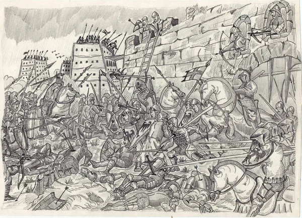 Atack 在城堡和骑士争斗在门附近 在敖德萨 乌克兰 2017年12月被说明 图库图片