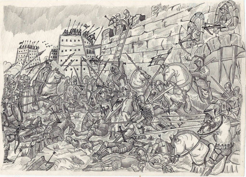 drawing of atack on the castle and battle of the Knights near the gate / illustrated in Odessa, Ukraine, december 2017