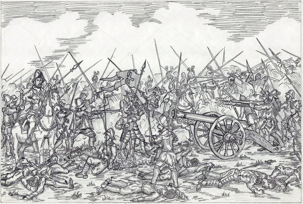 drawing of the battlefield and fighting of the cavalry and musketeers / illustrated in Odessa, Ukraine, december 2017