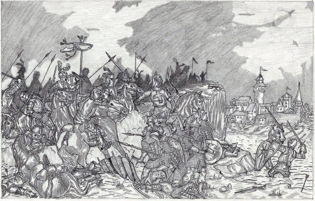 pencil drawing of the battle of the Knights in the Middle Ages / illustrated in Odessa, Ukraine, december 2017