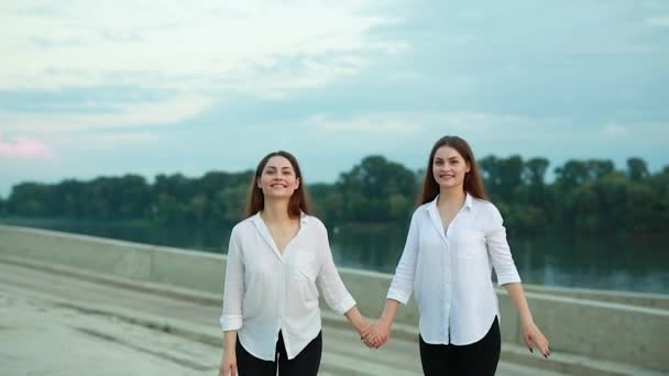 Красиві молоді близнюки дівчата — стокове відео