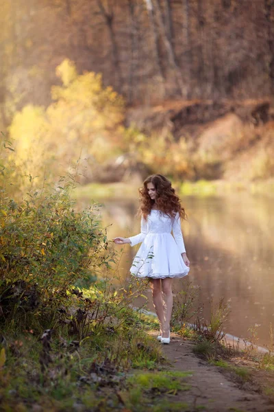 Belle jeune fille avec maquillage et robe de coiffure — Photo