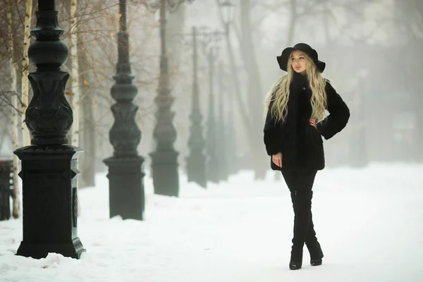 Красивая Молодая Девушка Шубе Шляпе Прогулка Снежному Парку — стоковое фото