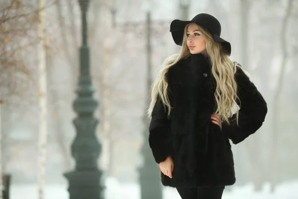 美丽的年轻女孩在毛皮外套和帽子漫步在雪公园 — 图库照片