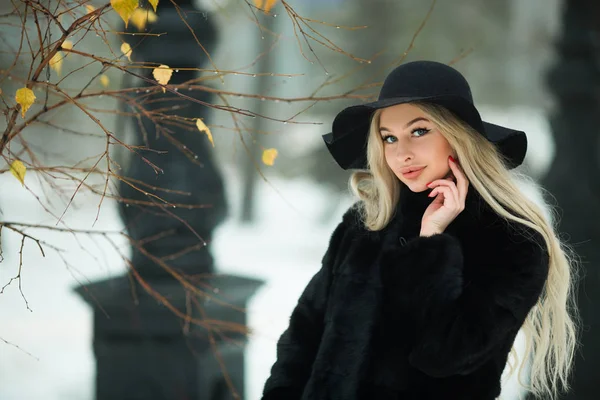 Menina Bonita Casaco Pele Preta Chapéu Andando Parque Inverno — Fotografia de Stock