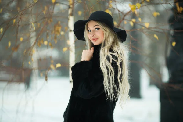 Красивая Молодая Девушка Черном Шубе Шляпе Прогулки Парке Зимой — стоковое фото