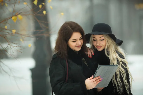 Twee Mooie Jonge Meisjes Warme Kleren Communiceren Lopen Buiten Bij — Stockfoto
