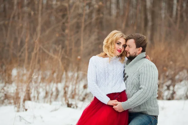 Beau Jeune Couple Amoureux Pulls Marchant Sur Parc Forestier Enneigé — Photo