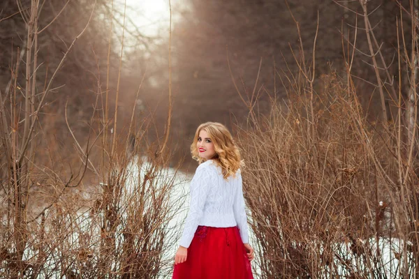 美丽的年轻金发女孩在白色的毛衣和红色的礼服与化妆和 Hairdress 户外在白雪皑皑的森林 — 图库照片