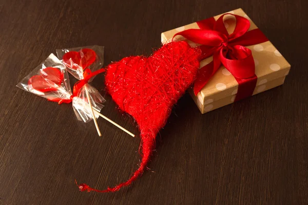 Beautiful Decorated Gift Box Red Bow Decorated Heart Lollipops Wooden — Stock Photo, Image