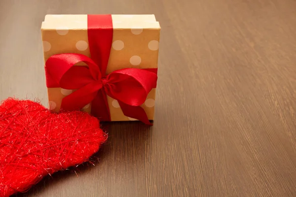Beautiful Decorated Gift Box Red Bow Decorated Heart Wooden Dark — Stock Photo, Image