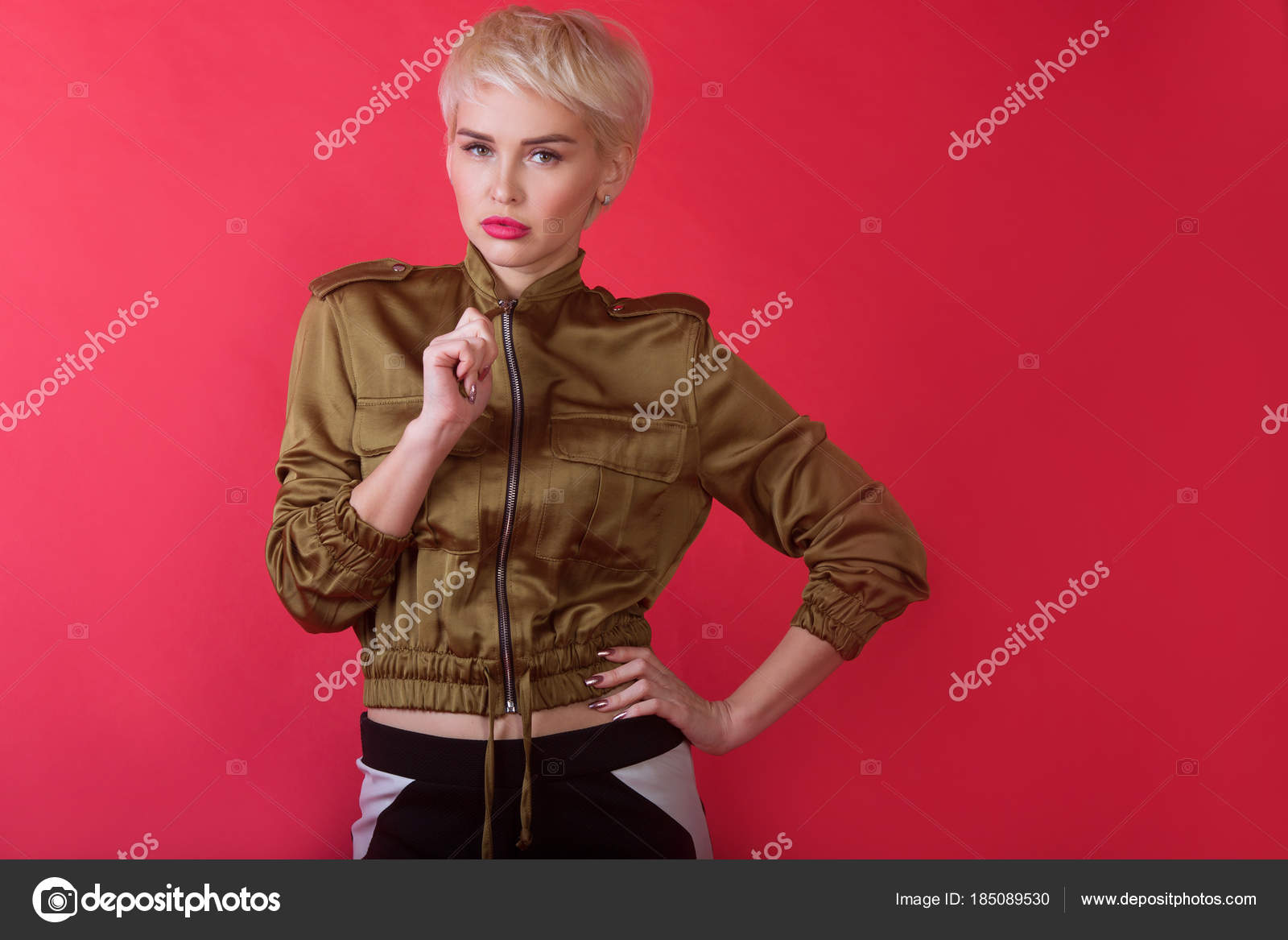 Beautiful Stylish Young Girl Short Hairstyle Red Background