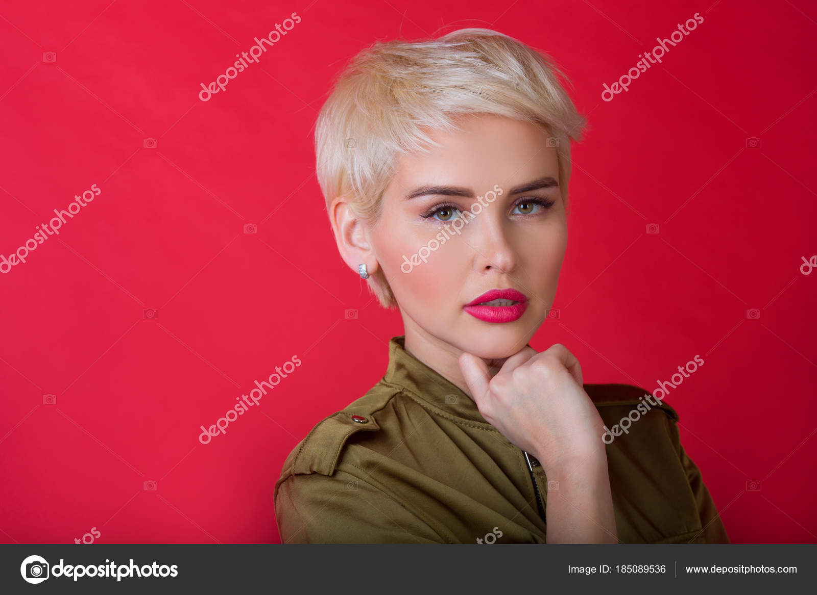 Beautiful Stylish Young Girl Short Hairstyle Red Background