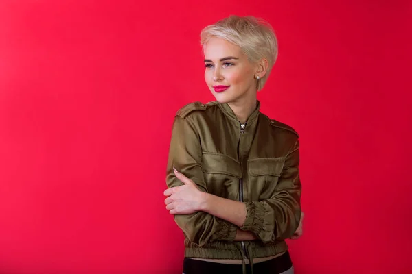 Beautiful Young Girl Smile Short Hairdo Jacket Red Background — Stock Photo, Image