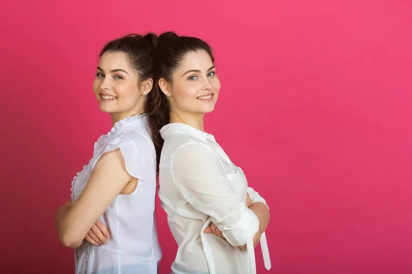 Дві Красиві Молоді Сестри Близнючки Посмішкою Рожевому Фоні — стокове фото