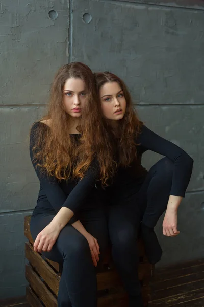 Portré Két Gyönyörű Fiatal Lányok Ikertestvérek Áramló Haj Szemben Szürke — Stock Fotó