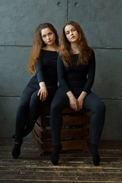 Портрет Двох Красивих Молодих Дівчат Сестер Близнюків Протікаючим Волоссям Проти — стокове фото