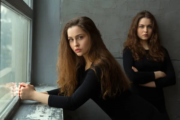 Портрет Двох Красивих Молодих Дівчат Сестер Близнюків Протікаючим Волоссям Сірій — стокове фото