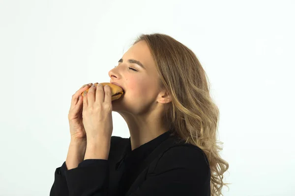 Portrait Beautiful Young Girl Burger Hands White Background — Stock Photo, Image