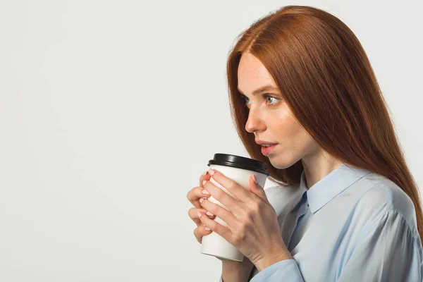 Beautiful Young Woman Red Hair Drink Hand White Background — Stock Photo, Image