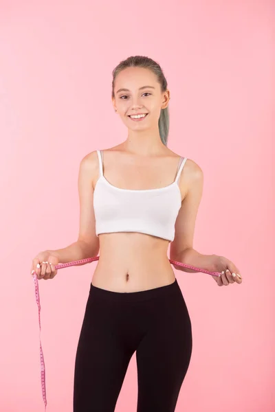 Beautiful Young Woman Dumbbells Hands Pink Background — Stock Photo, Image