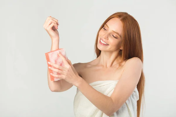 Beautiful Young Woman White Towel Sponge — Stock Photo, Image