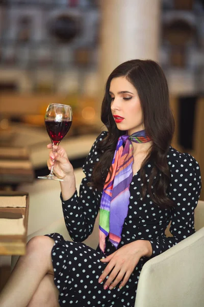 Beautiful Young Woman Glass Red Wine Restaurant — Stock Photo, Image